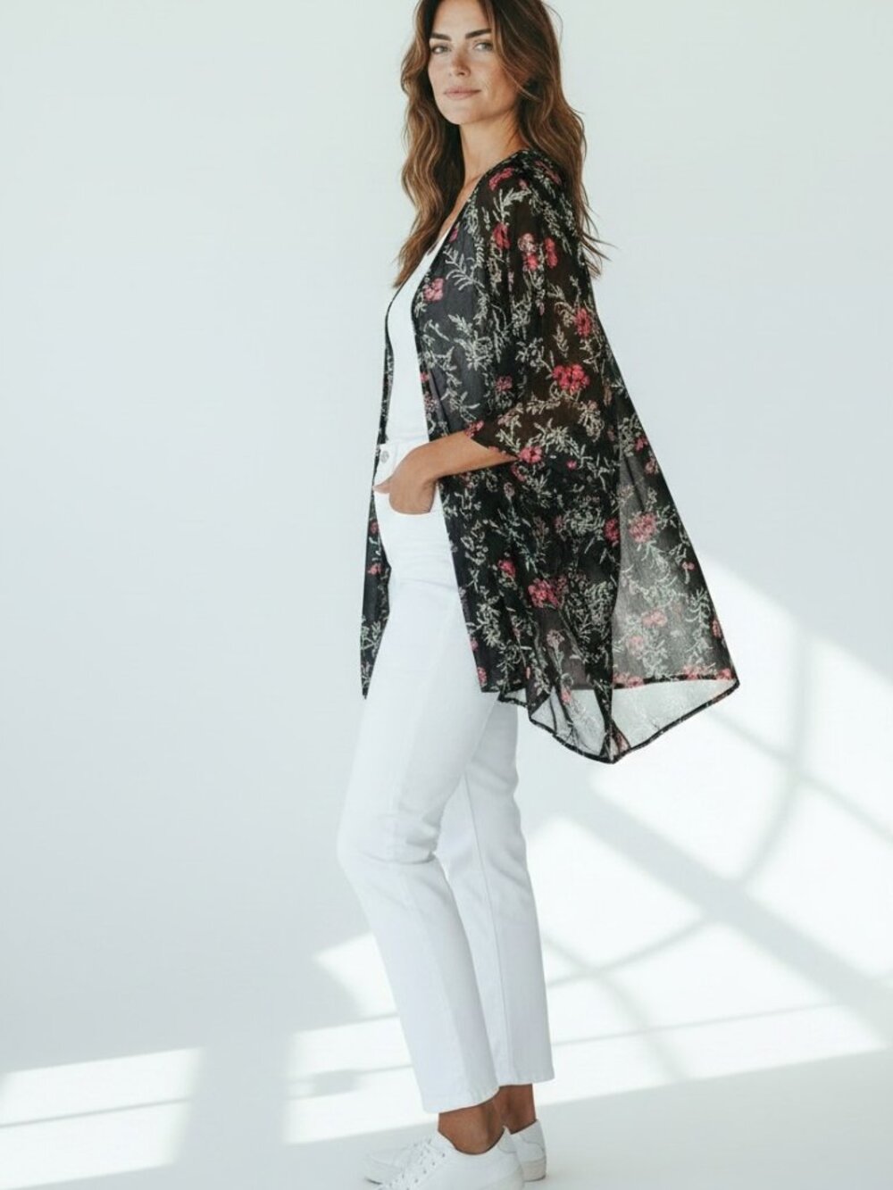 Beautiful, flowy sheer topper, multi colored floral on black - One Size fits all